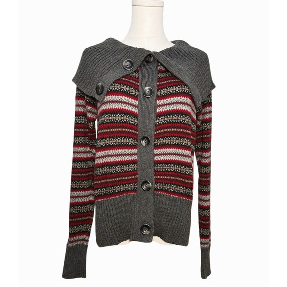 Eddie Bauer Women's Gray Burgundy Fair Isle Collared Cardigan Medium Norwegian - Picture 1 of 6